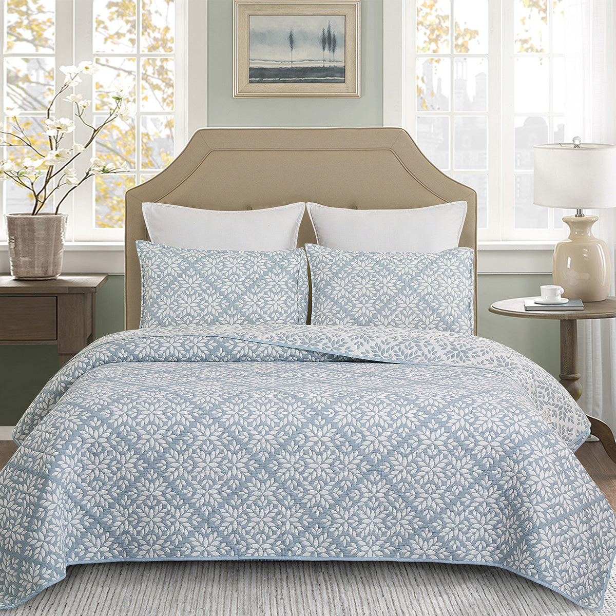 Blue Leaves Coverlet Set