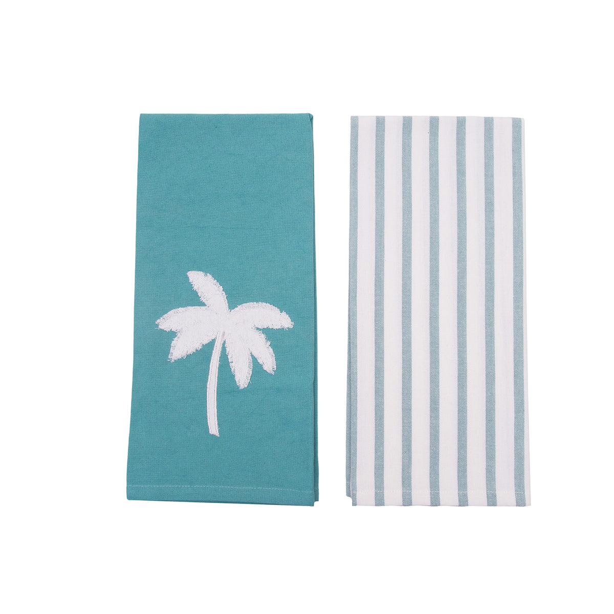 Aqua Palm Tree Stripe Applique & Woven Kitchen Towel, Set of 2