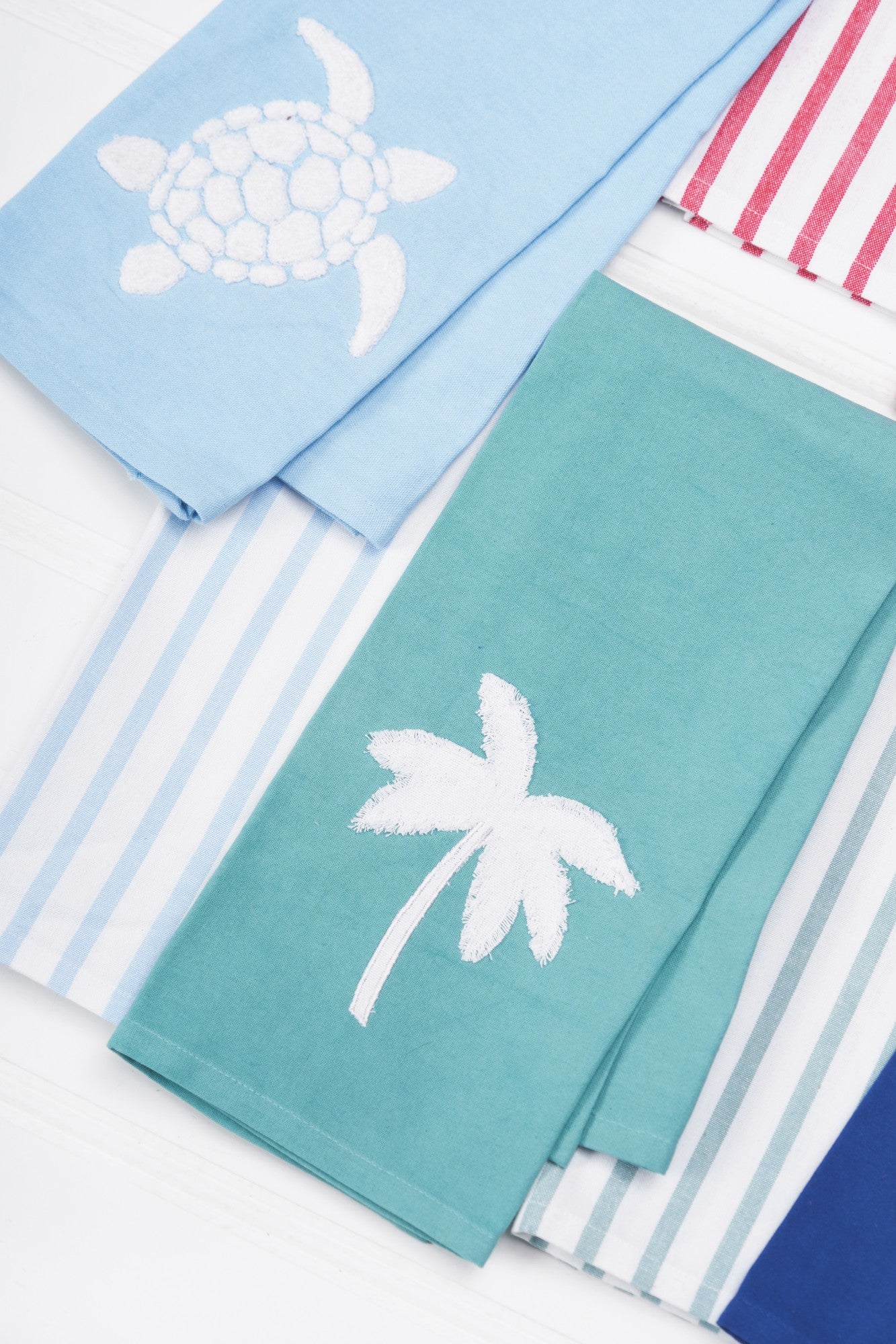 Aqua Palm Tree Stripe Applique & Woven Kitchen Towel, Set of 2