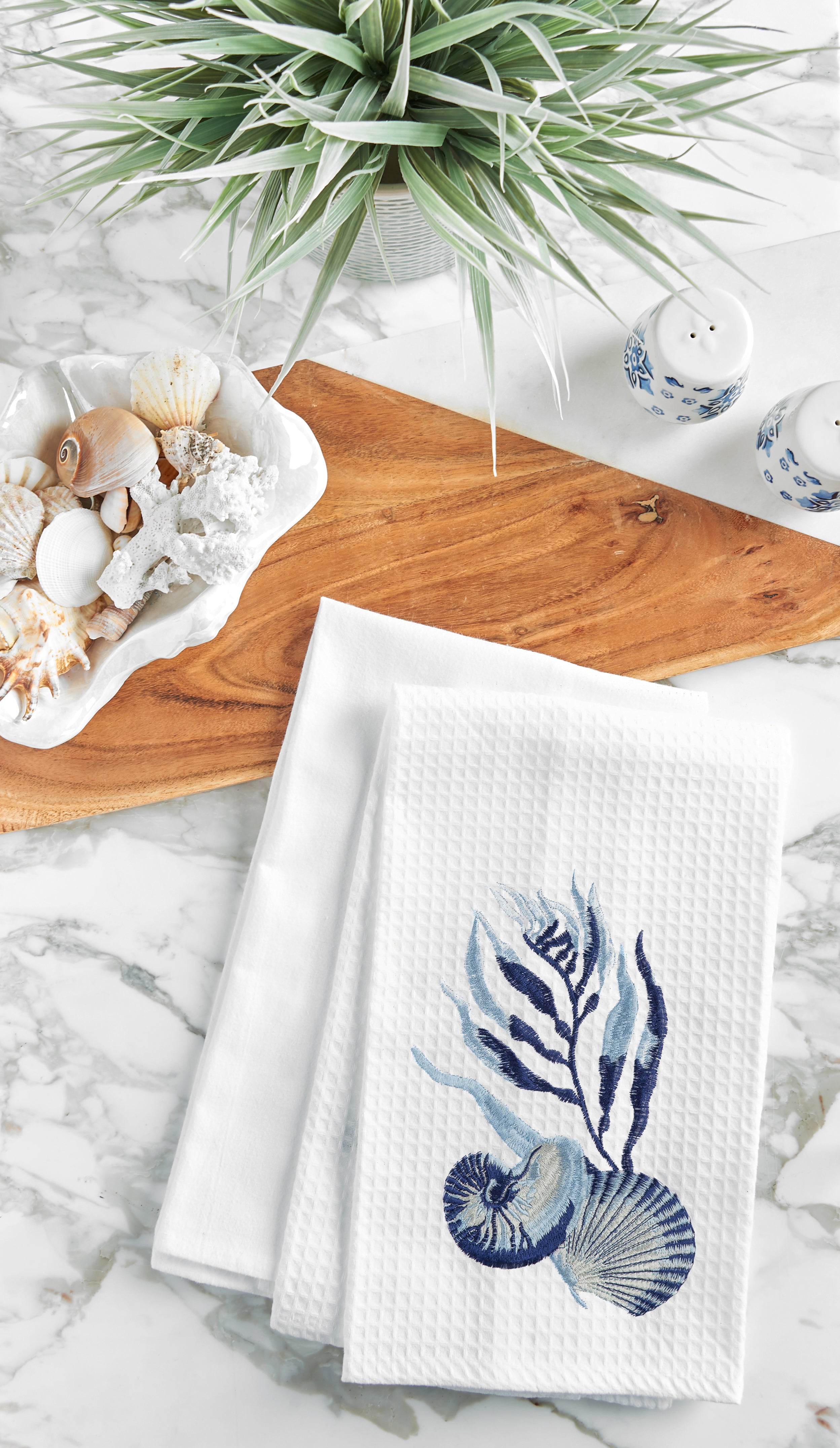 Midnight Lagoon Shells Waffle Weave Kitchen Towel