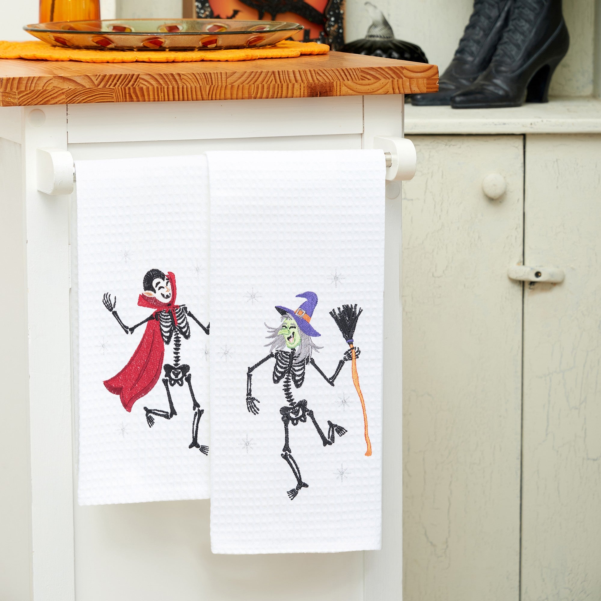 Vampire Skeleton Waffle Weave Kitchen Towel