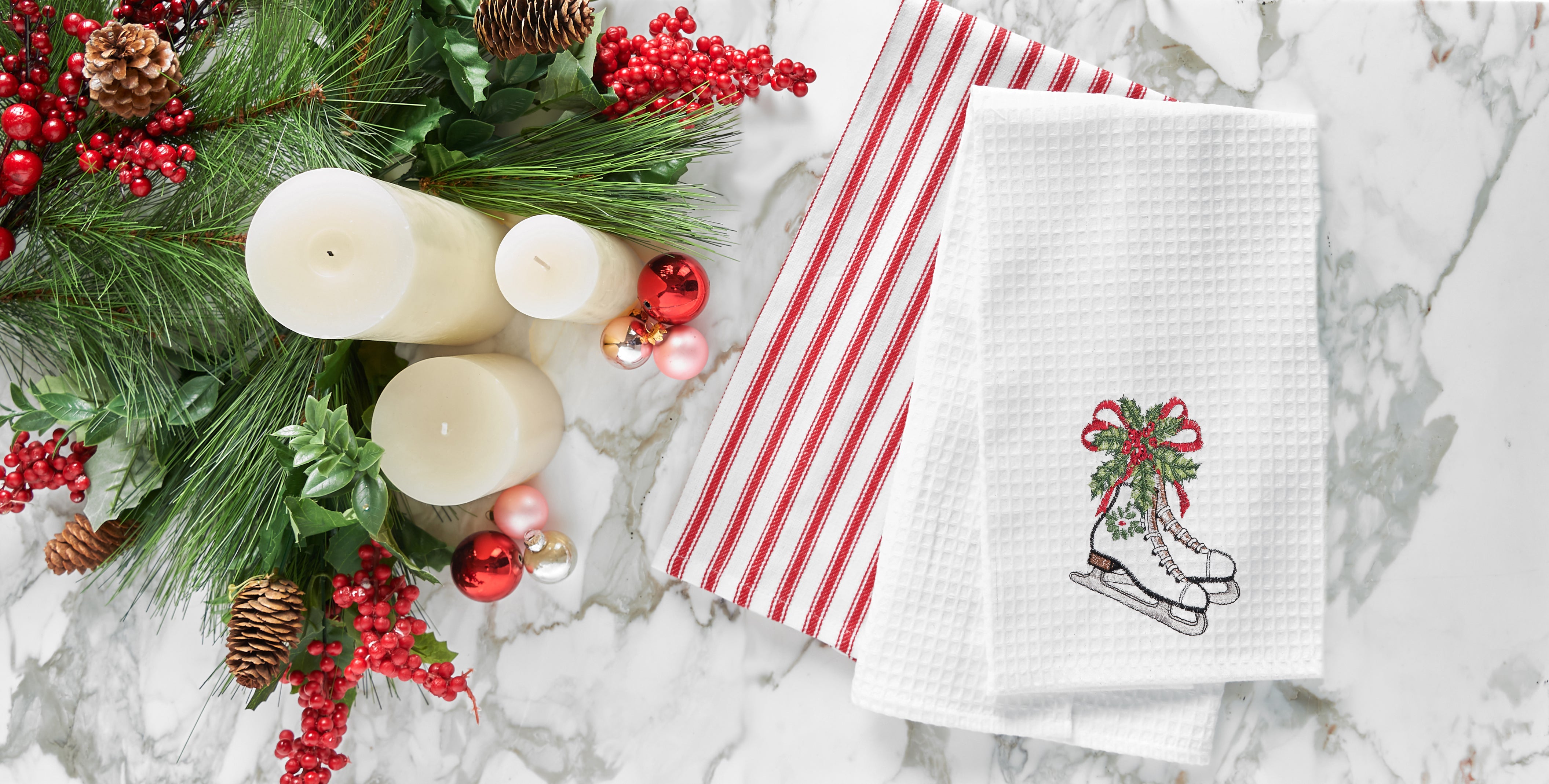 Skates and Holly Waffle Weave Kitchen Towel
