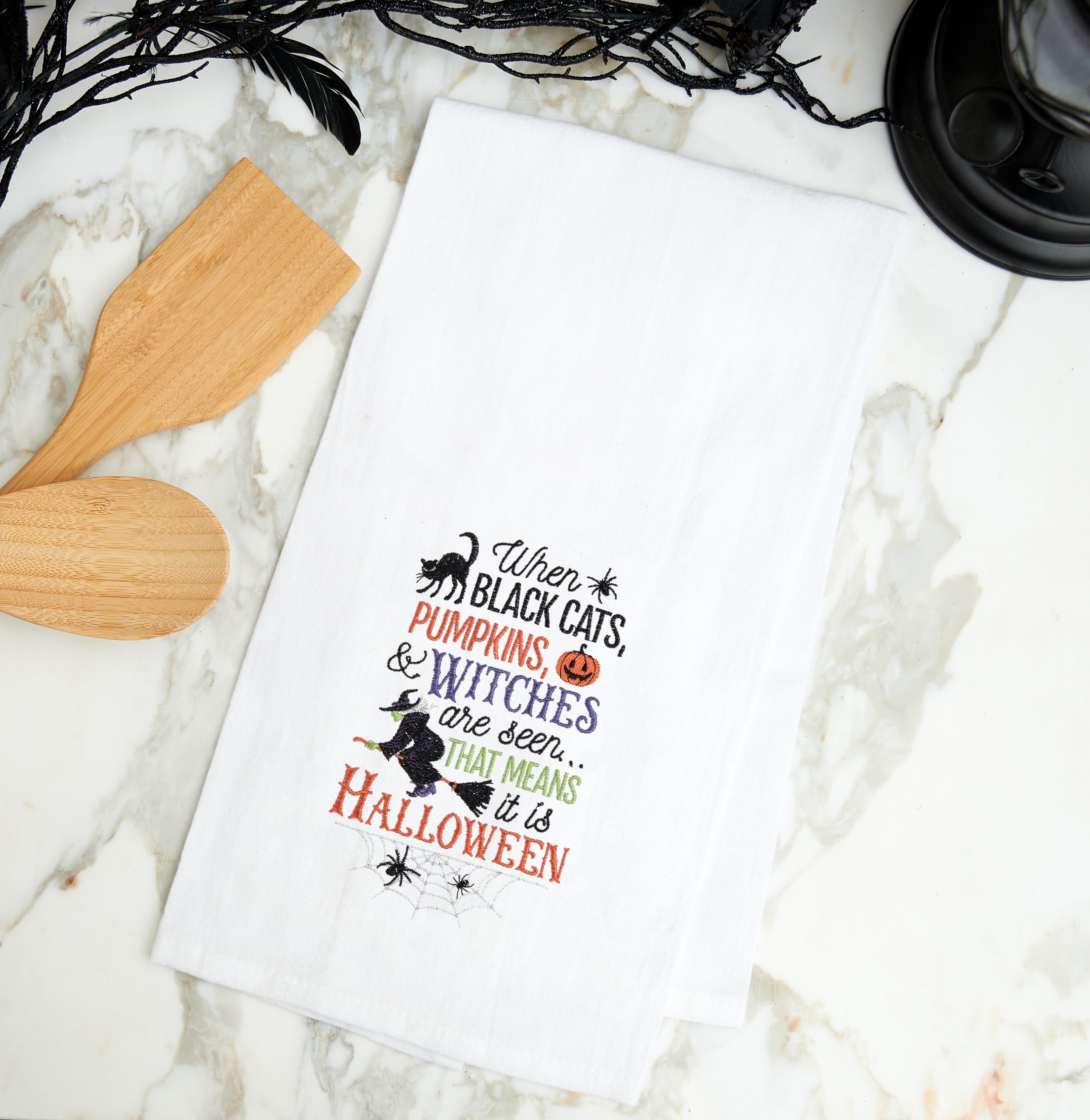 Cats, Pumpkins, Witches Flour Sack Kitchen Towel