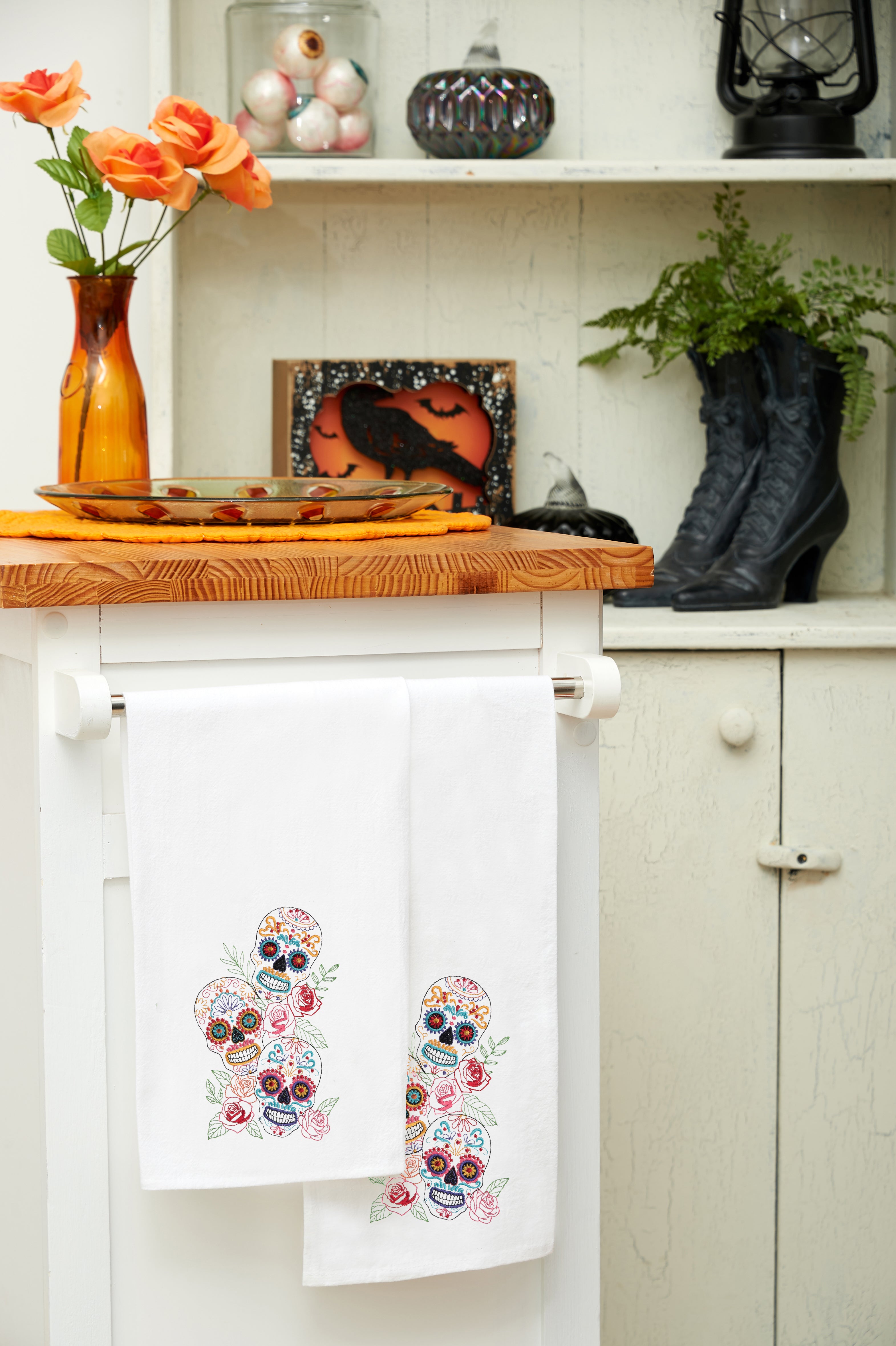 Stacked Sugar Skull Trio Flour Sack Kitchen Towel