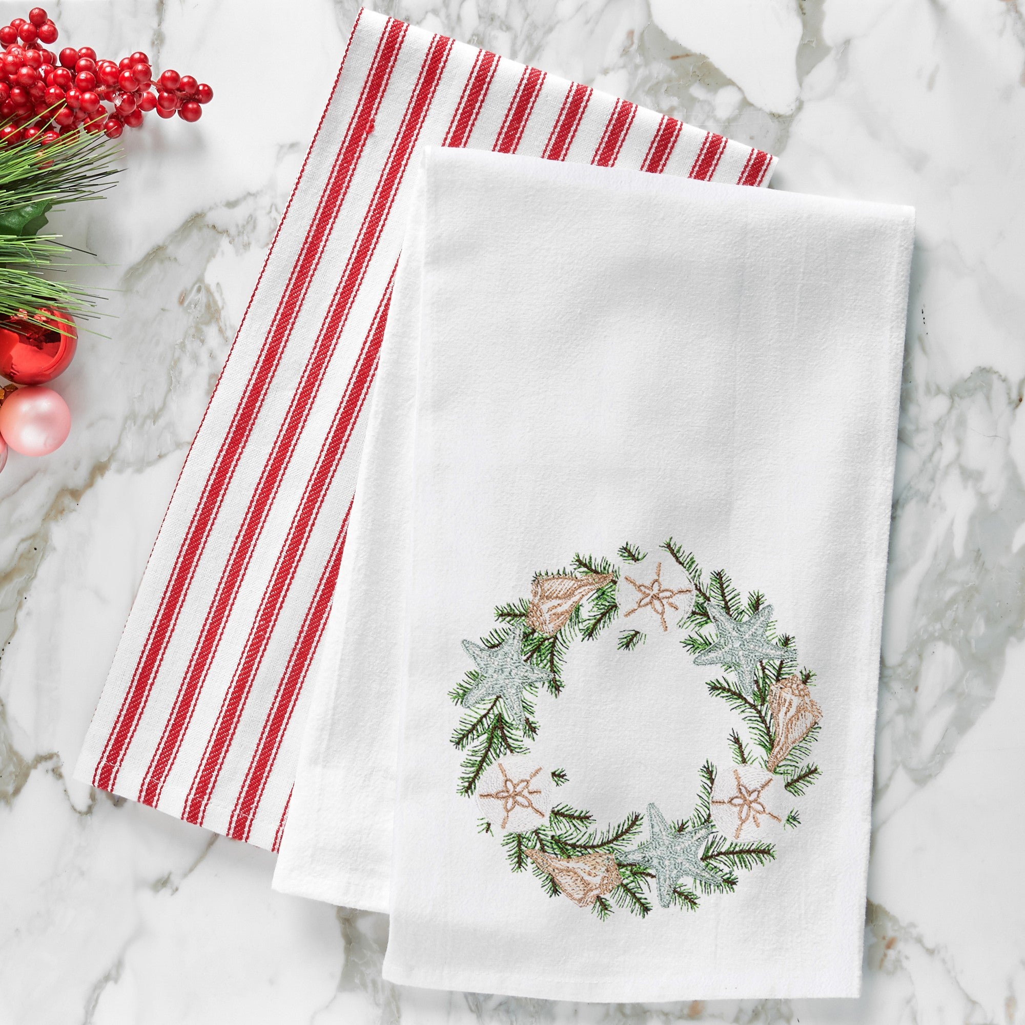 Shell Christmas Wreath Flour Sack Kitchen Towel