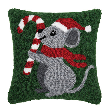 hooked pillow depicting a mouse wearing a red hat and scarf holding a candy cane on a forest green background