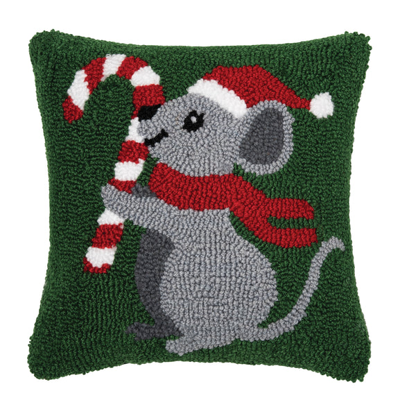 hooked pillow depicting a mouse wearing a red hat and scarf holding a candy cane on a forest green background