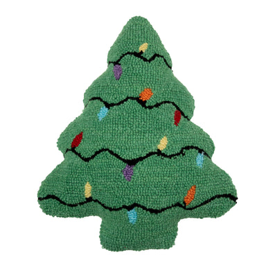 a Christmas tree shaped pillow decorated with colorful string lights