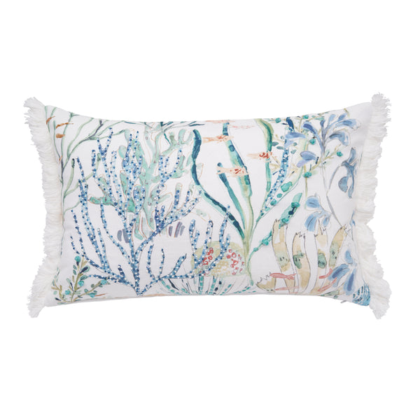 printed and embellished indoor pillow featuring a coral underwater scene