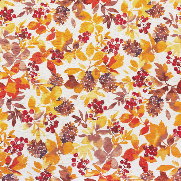 Detail shot of the Cordelia featuring autumn leaves, berries, and pinecones.