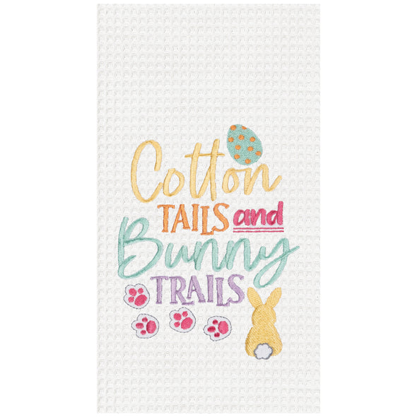 embroidered waffle weave towel with the words cotton tails and bunny trails surrounded by easter icons