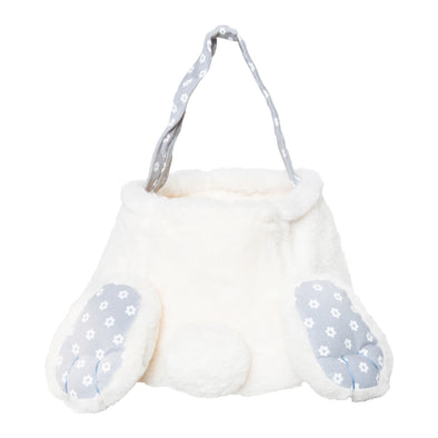 cotton tail bunny basket with two paws and a fluffy bunny tail. the handle and paws are light blue and have delicate white flowers