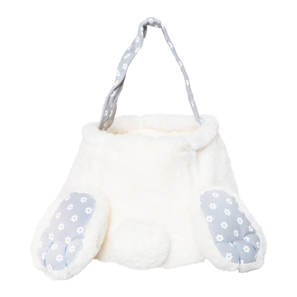 cotton tail bunny basket with two paws and a fluffy bunny tail. the handle and paws are light blue and have delicate white flowers