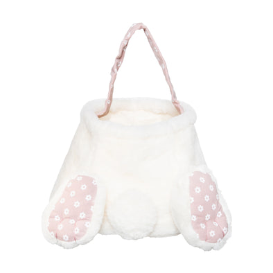 cotton tail bunny basket with two paws and a fluffy bunny tail. the handle and paws are pale pink and have delicate white flowers