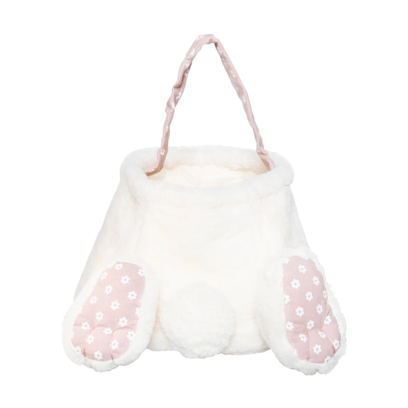 cotton tail bunny basket with two paws and a fluffy bunny tail. the handle and paws are pale pink and have delicate white flowers