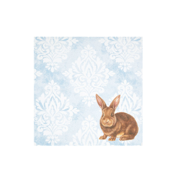 printed table linens with a blue damask background and a realistic brown bunny 