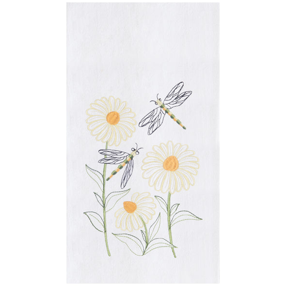 flour sack towel with three classic daisy flowers and two dragonflies swarming the flowers