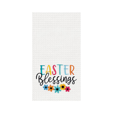 White waffle weave towel with the words "easter blessings" in pastels anf black with pastel flowers at the bottom