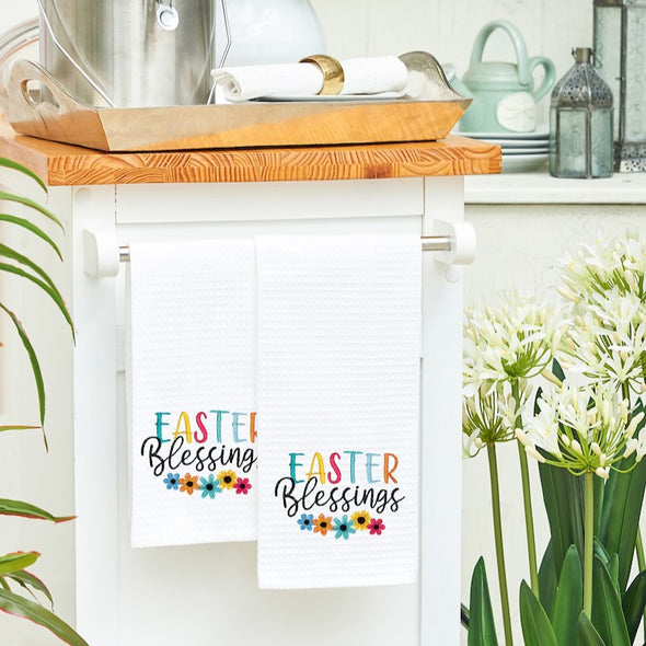 easter blessings kitchen towel hanging in a kitchen