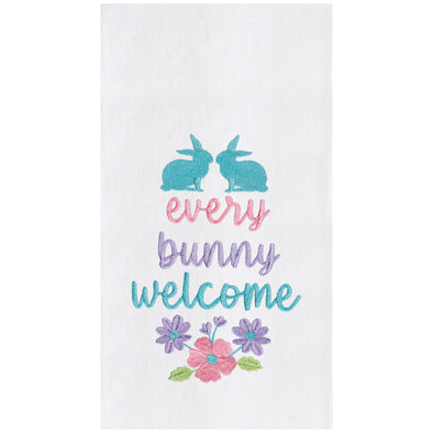 flour sack towel with the phrase every bunny welcome in bright spring colors. two bunnies sit on top of the phrase while a group of flowers are below