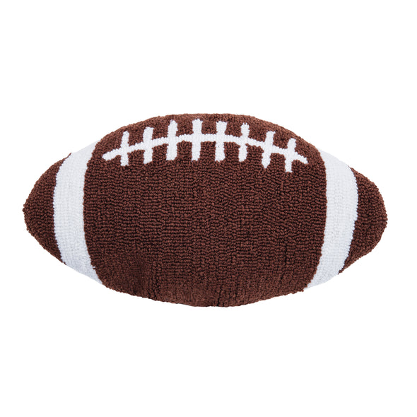 brown football shaped pillow with white stitching