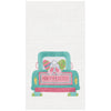 embroidered waffle weave kitchen towel with a truck filled with two easter eggs and a bunny sticking it's tail out the back. the back lights are shaped like carrots and the back of the truck reads Happy Easter