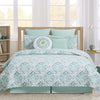 blue and grey medallion quilt set that reverses to a coordinating all over medallion pattern in yellow and grey