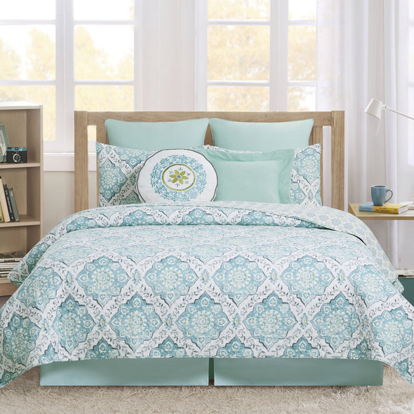 blue and grey medallion quilt set that reverses to a coordinating all over medallion pattern in yellow and grey