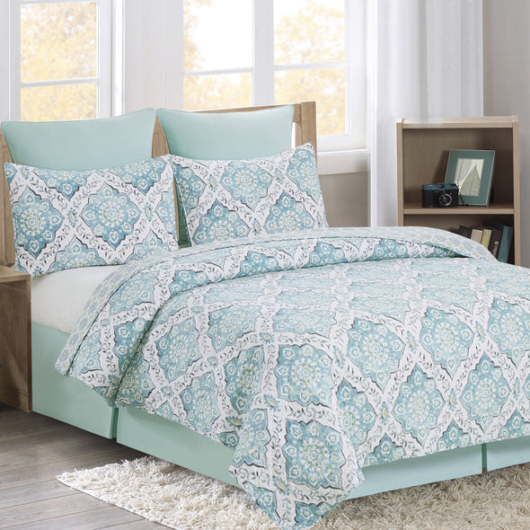 blue and grey medallion quilt set that reverses to a coordinating all over medallion pattern in yellow and grey