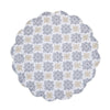 quilted table linens featuring blue and grey medallion pattern with pops of yellow that reverse to a coordinating repeating medallion pattern in grey and yellow