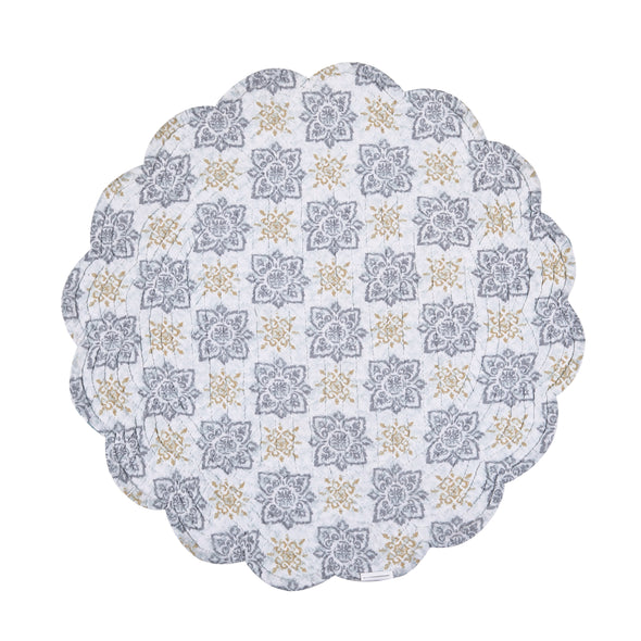 quilted table linens featuring blue and grey medallion pattern with pops of yellow that reverse to a coordinating repeating medallion pattern in grey and yellow