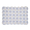 quilted table linens featuring blue and grey medallion pattern with pops of yellow that reverse to a coordinating repeating medallion pattern in grey and yellow