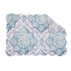 quilted table linens featuring blue and grey medallion pattern with pops of yellow that reverse to a coordinating repeating medallion pattern in grey and yellow