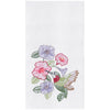 flour sack towel with an array of hibiscus flowers and a graceful hummingbird drinking from the blooms