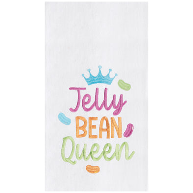 flour sack towel with the words Jelly Bean Queen surrounded by colorful candies and topped with a blue crown