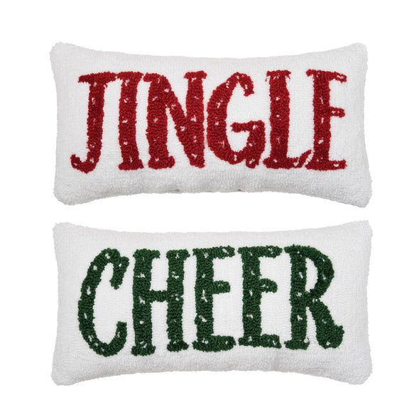 reversible hooked white pillow. one side features the word jingle in red while the other features the word cheer in green