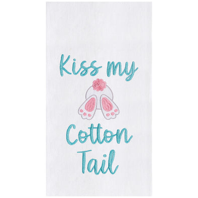 flour sack towel with the words kiss my cotton tail surrounded a bunny bum with a pink tail and paws