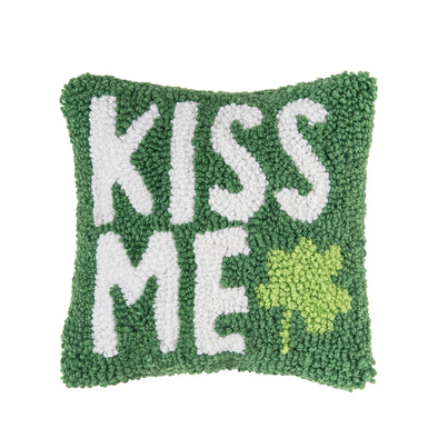 green mini pillow with the words "kiss me" in white with a shamrock at the end in light green 
