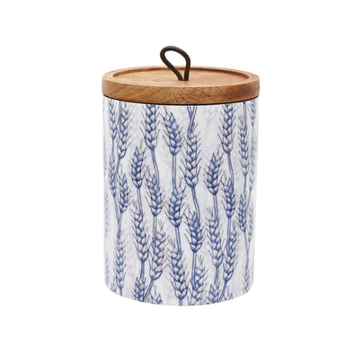 white canister with blue wheat pattern with a wood lid