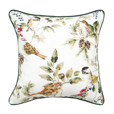 printed and embellished cotton pillow with one side featuring charming chickadees and wrens perched among twigs of green leaves, acorns, berries, and pinecones