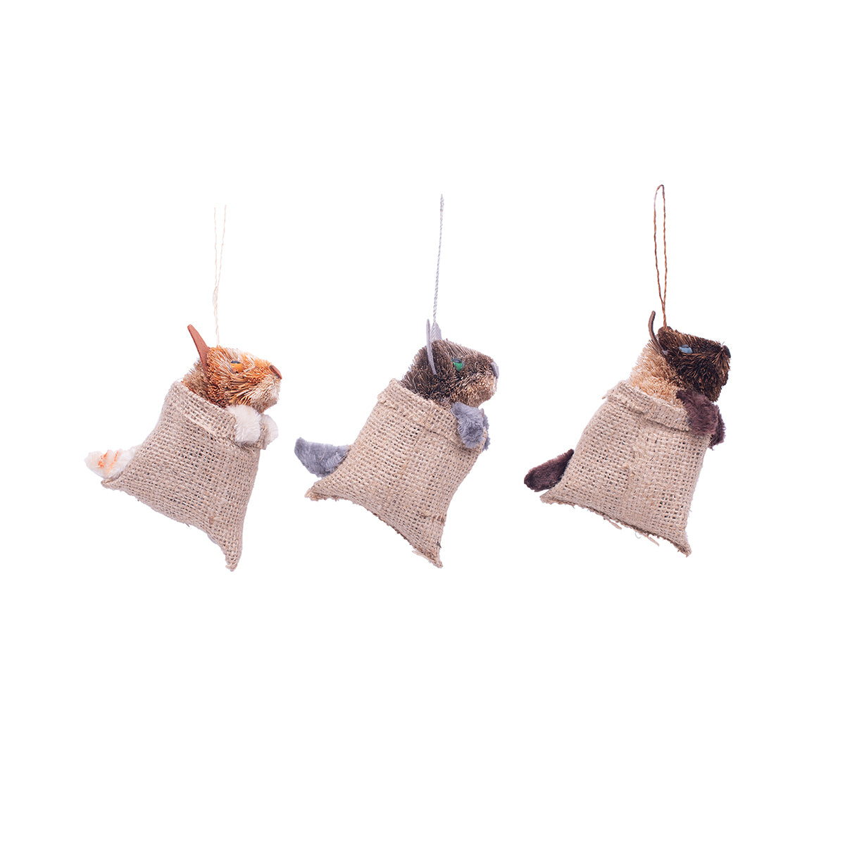 Cat in Feed Sack Buri Ornaments, Set of 3