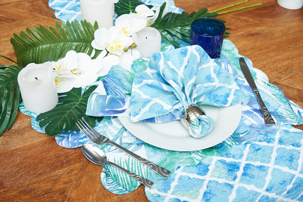 blue and green patterned table linens