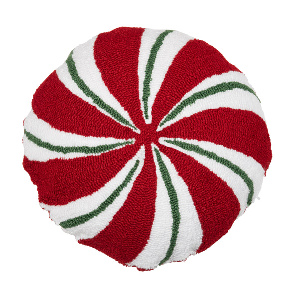 circular peppermint shaped hooked pillow with swirling red, green, and white sections