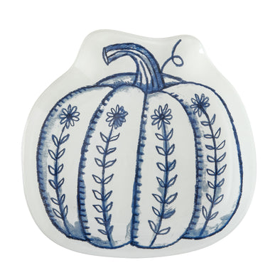 white pumpkin shaped plate with a blue pumpkin featured