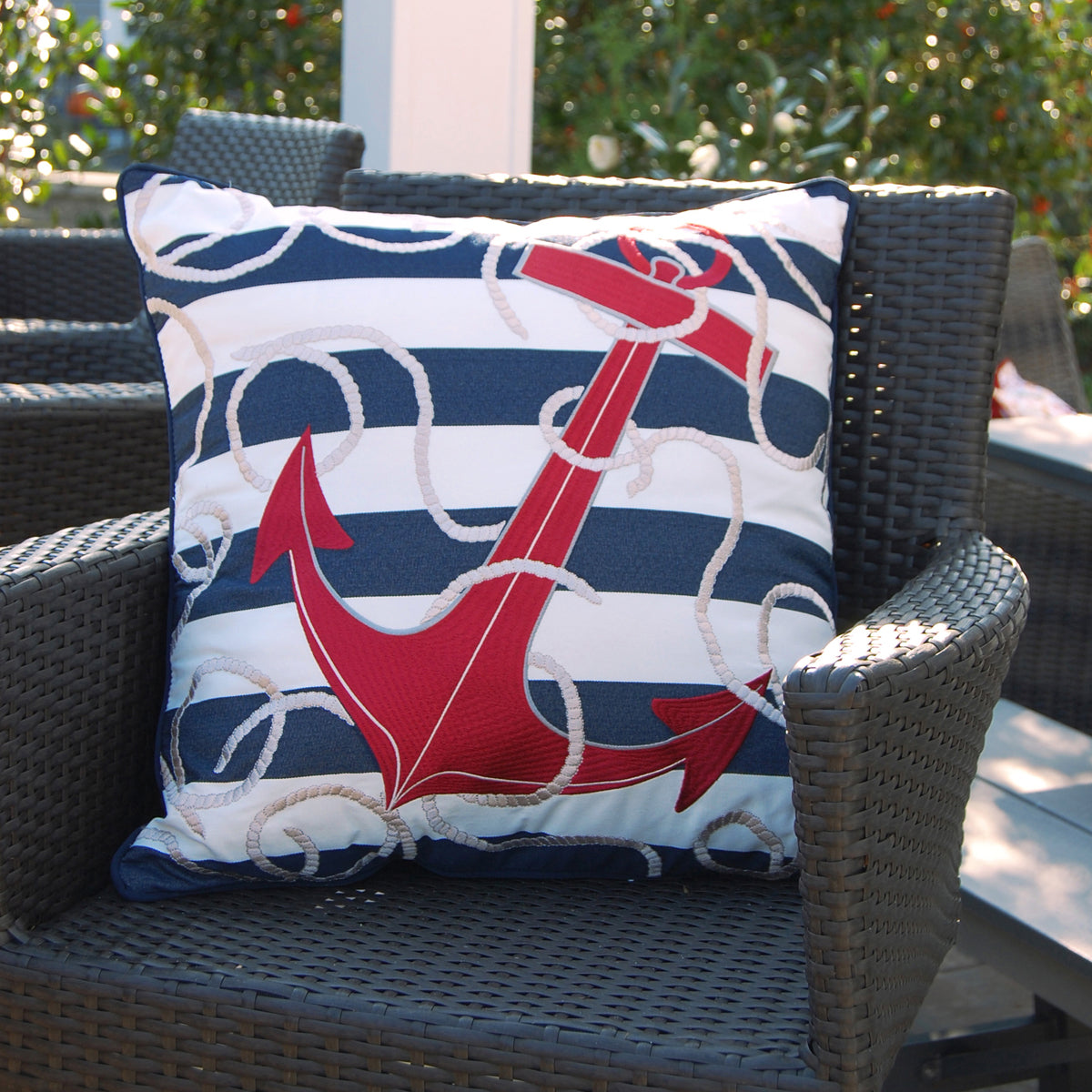 Blue Stripe Red Anchor Indoor Outdoor Pillow - Main Image
