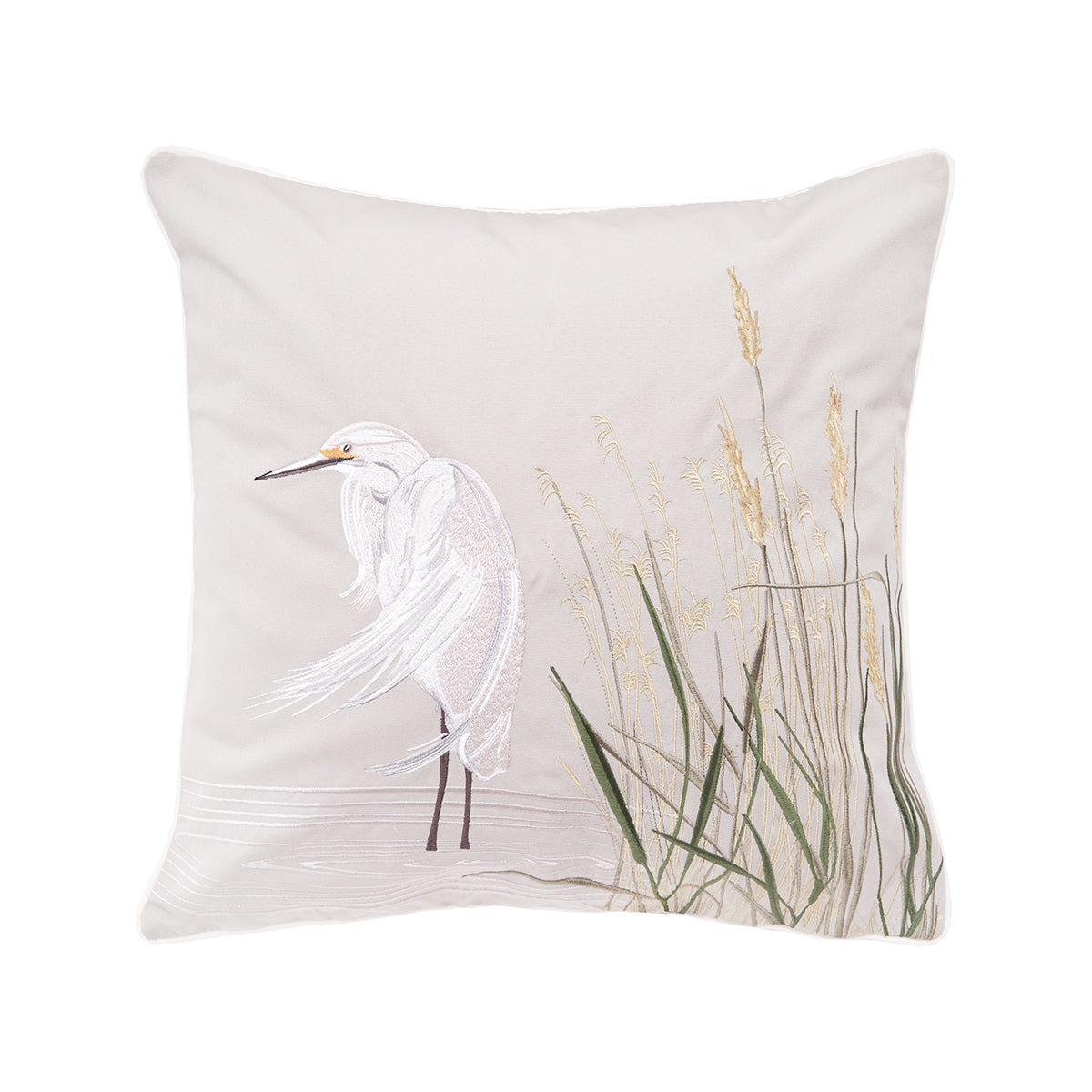 White Egret Grey Left Indoor Outdoor Pillow