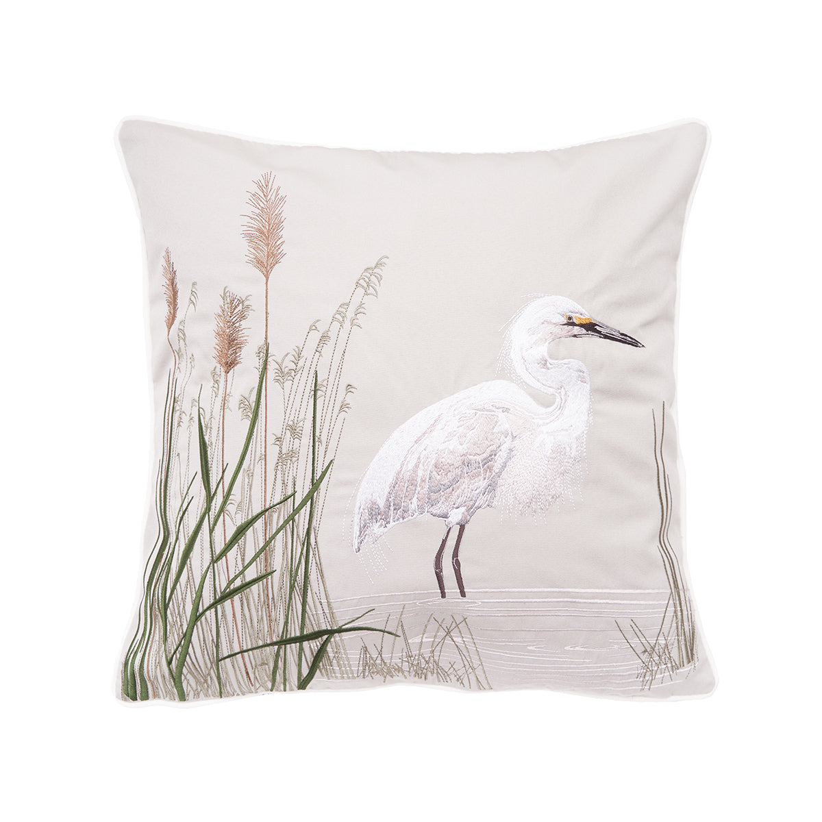 White Egret Grey Right Indoor Outdoor Pillow
