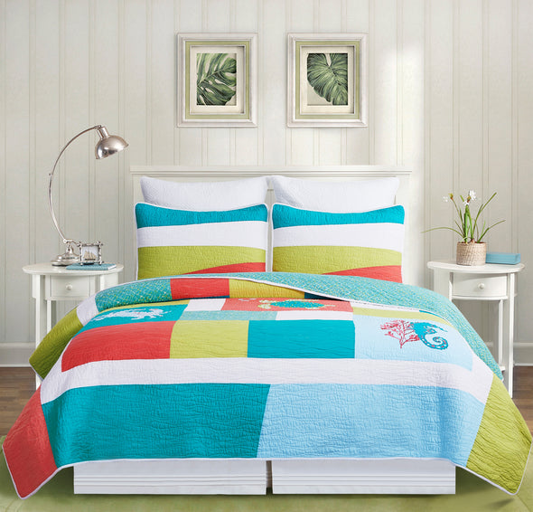 The Santorini Quilt Set styled in a coastal bedroom.