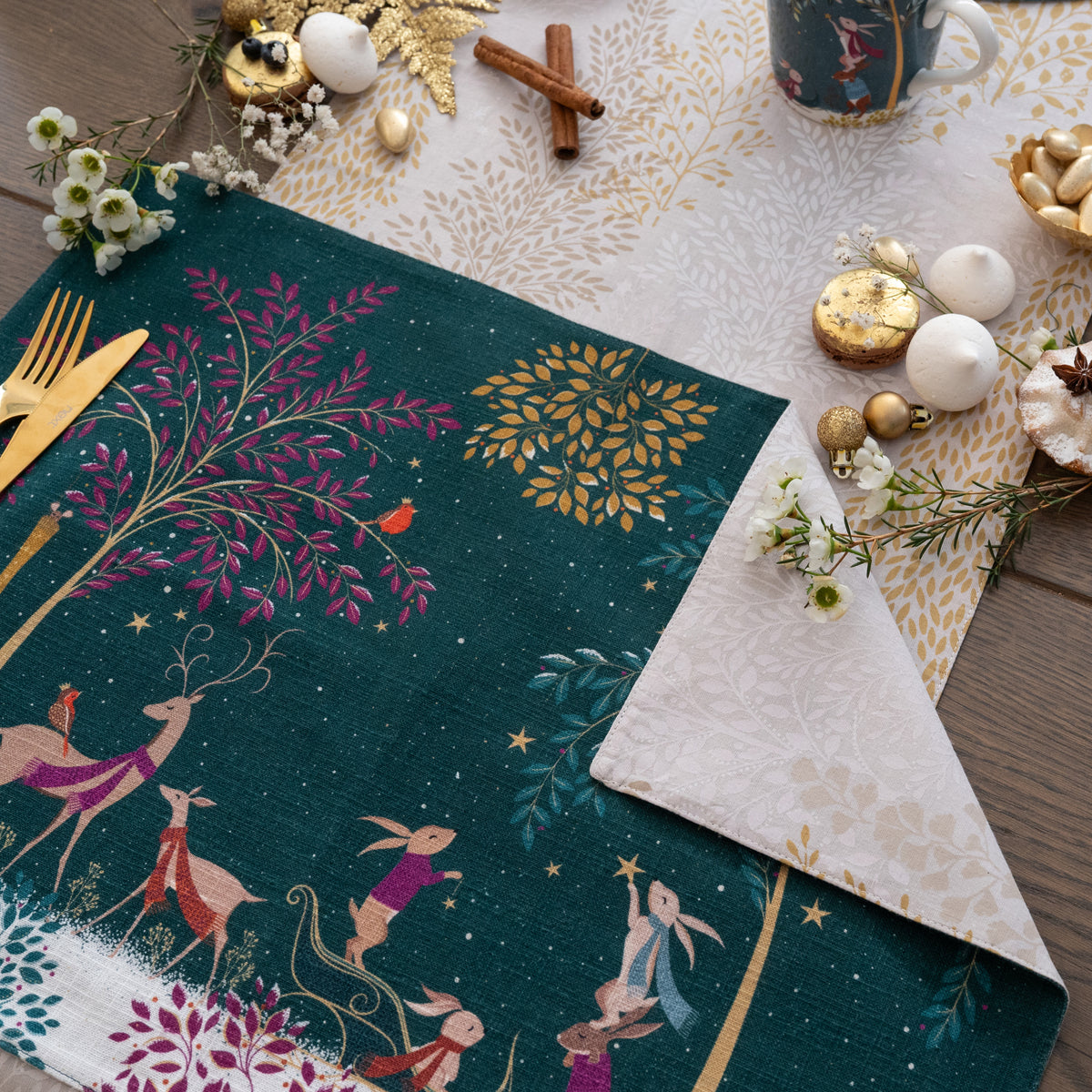 woodland tales table linens table linens displayed as a coordinated tabletop setting.