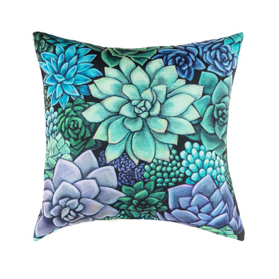 pillow with vibrant green blue and purple succulents on a black background
